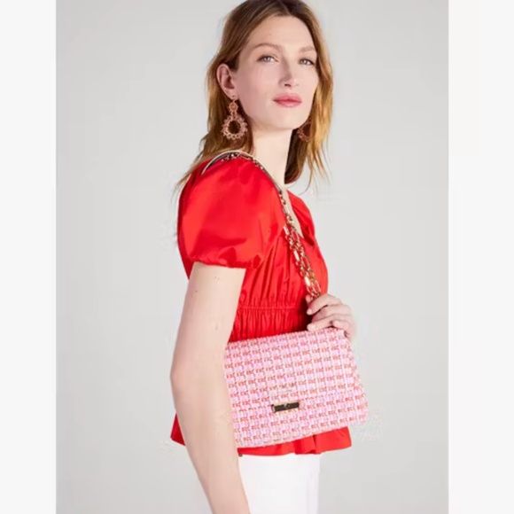 Kate Spade Pink Carlyle Raffia Tweed Medium Shoulder Bag w/ Chain Strap - Picture 1 of 11